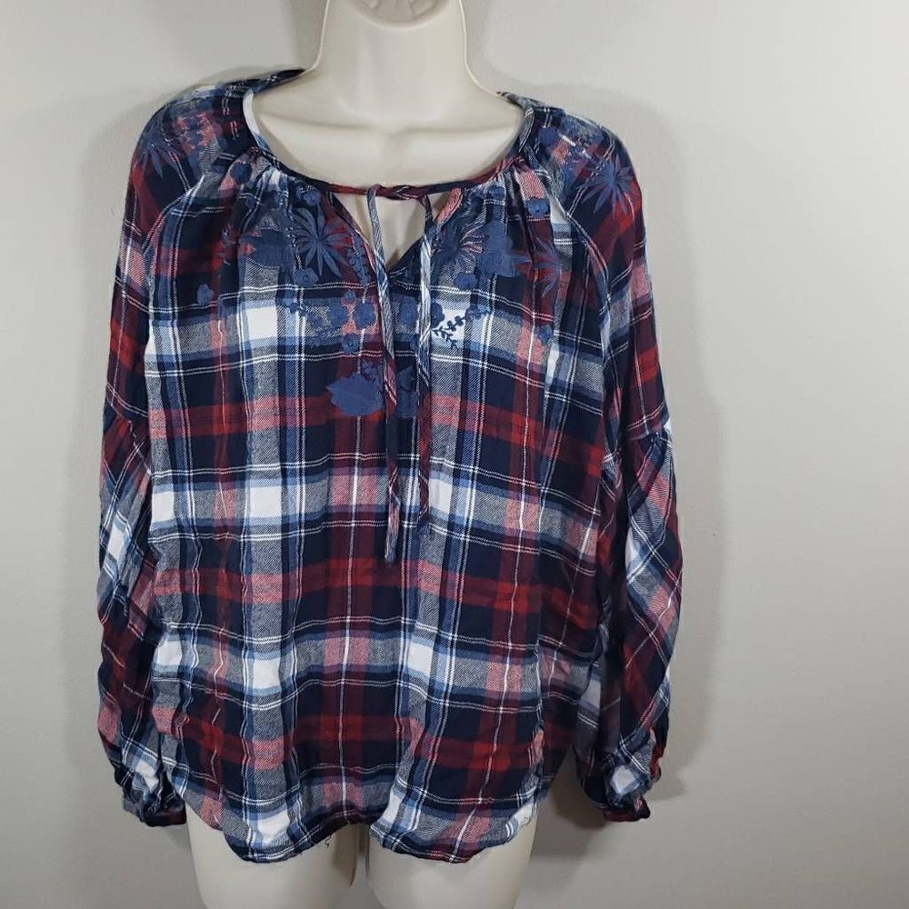 Vince Camuto Womens Plaid Blouse Embraided Peasant Top Long Sleeve Size XL